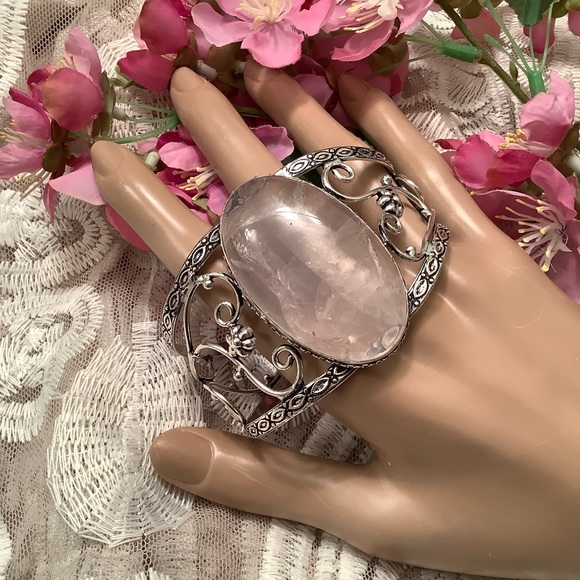 🌸 ROSE QUARTZ CUFF BRACELET BOHO CHIC BOHEMIAN CELTIC GYPSY GODDESS GEM PINK - Picture 2 of 9